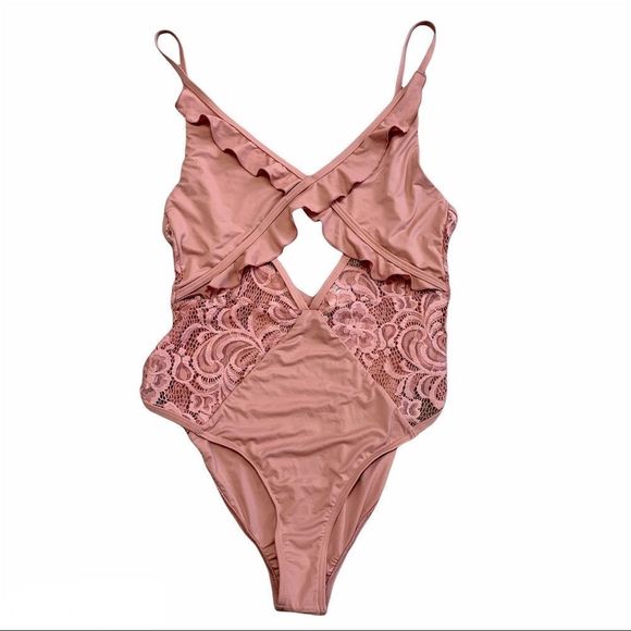 PINK dusty rose ruffle V-neck one piece swimsuit - Picture 3 of 9